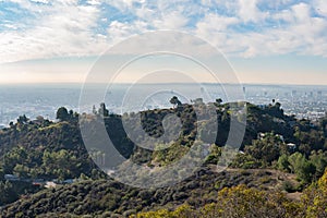 View of Los Angeles from the Hollywood Hills. Down Town LA. Hollywood Bowl. Warm sunny day. Beautiful clouds in blue sky