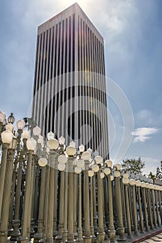 View of Los Angeles skyscraper and LACMA lights display on Wilshire Boulevard. photo