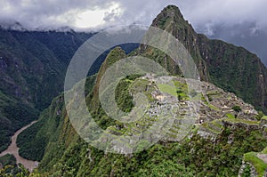 View of the Lost Incan City of Machu Picchu and Huayna Picchu mo