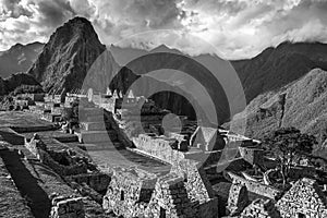 View of the Lost Incan City of Machu Picchu near Cusco, Peru. Machu Picchu is a Peruvian Historical Sanctuary