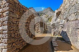 View of the Lost Incan City of Machu Picchu near Cusco, Peru. Machu Picchu is a Peruvian Historical Sanctuary and a UNESCO World
