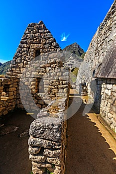 View of the Lost Incan City of Machu Picchu near Cusco, Peru. Machu Picchu is a Peruvian Historical Sanctuary and a UNESCO World