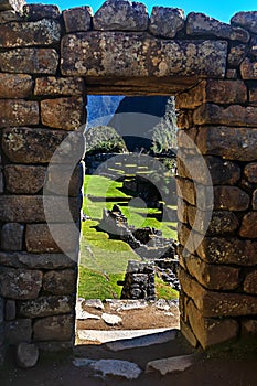 View of the Lost Incan City of Machu Picchu near Cusco, Peru. Machu Picchu is a Peruvian Historical Sanctuary and a UNESCO World