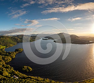 View of Lough Caragh lake in the Glencar Valley of Kerry County in warm eveing light