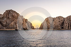 View of lovers beach in Cabo San Lucas at sunset