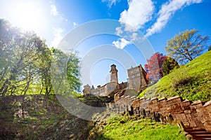 View of Lowenburg castle on the hill and stairs