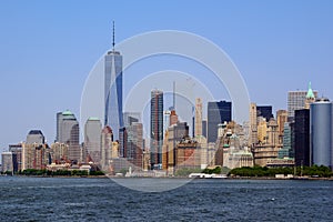 View of Lower Manhattan and Freedom tower from Staten Island Ferry boat, New York City photo