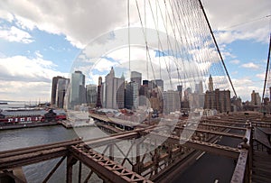 View of Lower Manhattan from the walkway on the Brooklyn Bridge