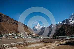 view on Lower Pangboche village and Ama Dablam mountain, Nepal, Khumbu,