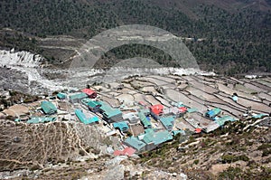 View of Lower Pangboche village in Himalayas mountains, Everest trek, Nepal