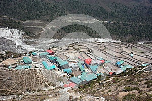 View of Lower Pangboche village in Himalayas mountains, Everest trek, Nepal photo