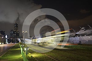 The view of LRT light rail transit in Kaohsiung City, Taiwan. When it passes at night.