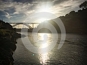 View of the LuÃ­s I Bridge over the river Douro during sunset in Porto, Portugal, May 2019