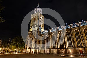 View on the Lubinius church in the medieval city Deventer in the Netherlands by night