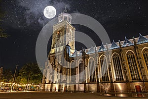 View on the Lubinius church in the medieval city Deventer in the Netherlands by night
