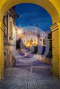 View of Lublin Castle through the arch at dusk