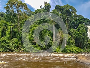 View of the Lucala river, with tropical vegetation and blue sky cloudy as background