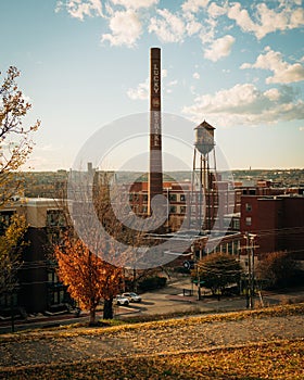 View of the Lucky Strike smokestack from Libby Hill Park, Richmond, Virginia