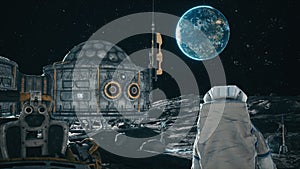 View of the lunar surface, lunar colony and astronauts working at the lunar base next to the lunar rover. 3D Rendering.