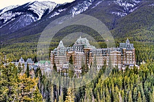 View of luxurious Banff Fairmont Springs Hotel, an historic landmark in Banff National Park, Alberta, Canada