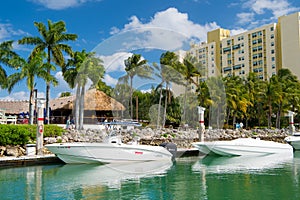 View of luxurious boats and yacht docked in a Miami South Beach Marina. Luxury lifestyle concept
