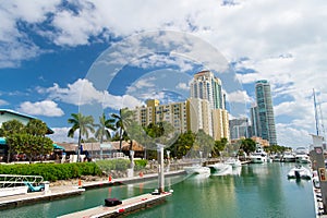 View of luxurious boats and yacht docked in a Miami South Beach Marina. Reach life concept