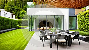 View of luxurious modern house exterior with dining space and garden