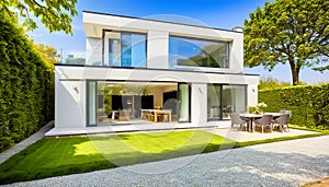 View of luxurious modern house exterior with dining space and garden