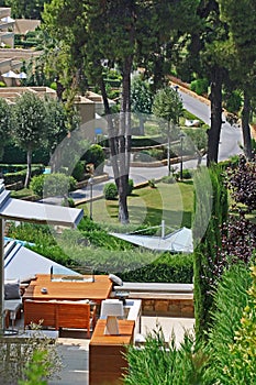 View of luxury hotel garden in Sani