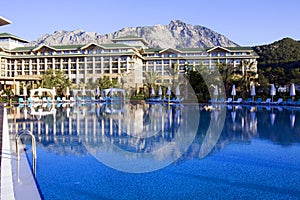 View with luxury hotel with pool in Kemer, Antalya