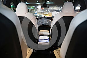 A view of the luxury interior of the cabin and the digital information panel on the teslacar model x