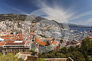 View of luxury yachts and apartments in harbor of Monaco, Cote d