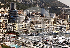 View of luxury yachts and apartments in harbor of Monaco, Cote d