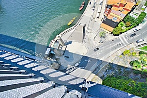 View from LuÃ­s I Bridge double-deck metal arch bridge on the river Duoro in the city of Porto