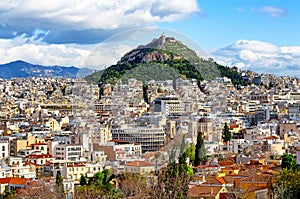 View of Lycabettus mount from Acropolis hill in Athens, Greece