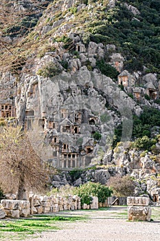 View on Lycian rock tombs of the necropolis in Demre. The ancient city of Myra, Lycia region, Turkey