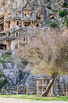 View on Lycian rock tombs of the necropolis in Demre. The ancient city of Myra, Lycia region, Turkey photo