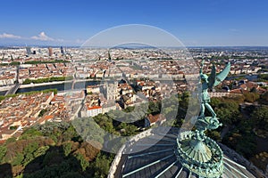 View of Lyon city from the top of notre-dame-de-fourviere basilica photo