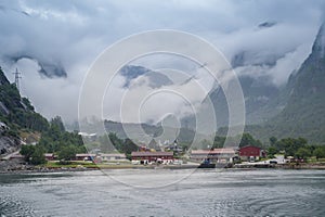 View from Lysefjord ferry to the Lusebotn town under the mountains.