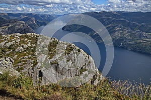View of Lysefjord from the hiking track to Preikestolen in Norway