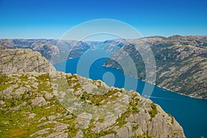 View of Lysefjord from preikestolen or pupit rock, Norway