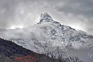 View of the Machapuchare peak, Fish tail top in Himalaya.