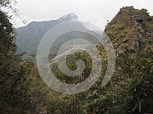 View of Machu Picchu and the trail that leads to the top of WaynaPicchu mountain