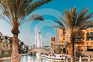 View of Madinat Jumeirah Arabian Resort. Beautiful view of hotel Burj Al Arab from Madinat Jumeirah in sunny summer day