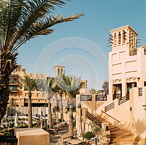 View of Madinat Jumeirah Arabian Resort. It is the largest resort in the Emirate. View of windcatcher in sunny summer