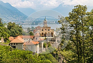 View of Madonna del Sasso Sanctuary in Orselina, above Locarno city and lake Maggiore, Switzerland
