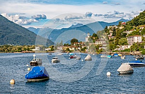 View of Magadino village from beach of Vira village fraction of Gambarogno, Switzerland