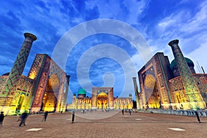 View of the magnificent islamic architecture of Registan square at night