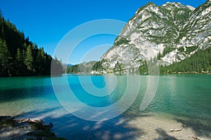 View of the magnificent Lake Braies in Dolomites Alps, South Tyrol