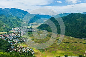 View of Mai Chau Township with paddy rice field in Northern Vietnam.